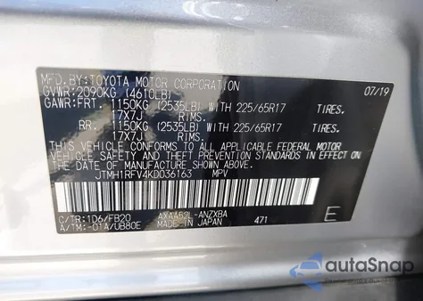 2019 Toyota Rav4 Le z USA, uszkodzony, nr VIN JTMH1RFV4KD036163